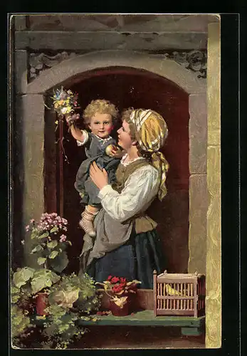 Künstler-AK Stengel & Co. Nr. 29373: Willkommen!, Magd mit ihrem Sohn auf dem Arm