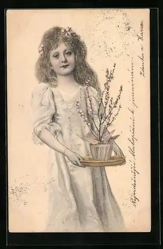 AK Mädchen mit Blumentopf