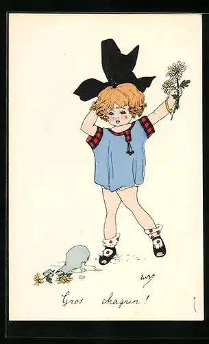 AK Trauriges Mädchen vor zerbrochener Vase