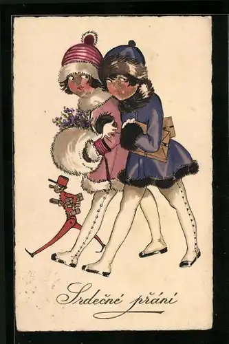 AK Mädchen in Winterkleidung mit kleinem Briefträger