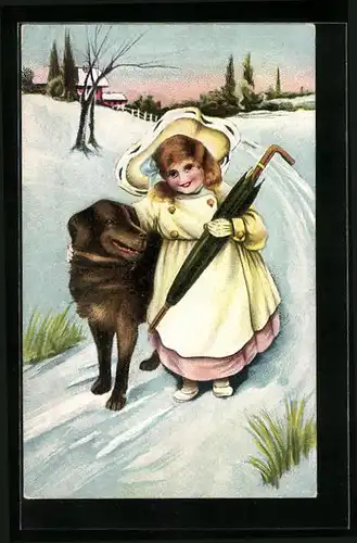 AK Mädchen bei Winterspaziergang mit Hund