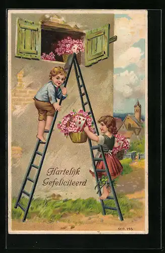 AK Kinder auf Leiter mit Blumenkörben