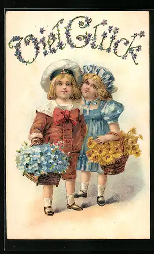 Präge-AK Kinder mit Blumenkörben
