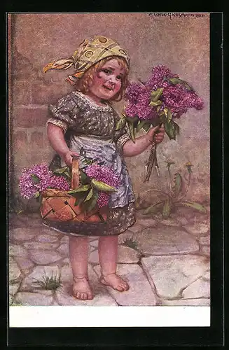 AK Kleine Blumenverkäuferin mit Flieder