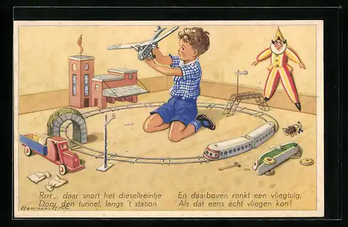 Künstler-AK Kleiner Junge beim Spielen mit Miniatur-Flugzeug
