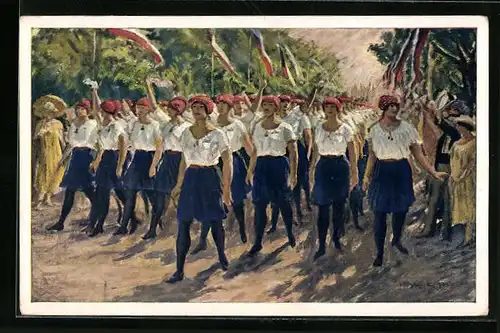 Künstler-AK Sokol, Sportturnfest, Parade mit Flaggen