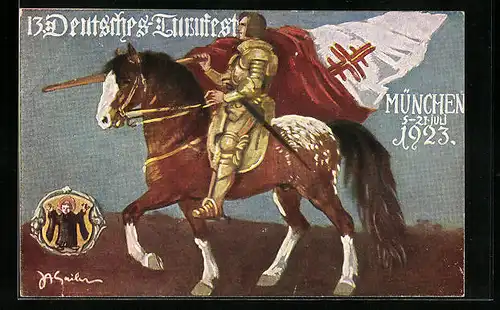 AK München, 13. Dt. Turnfest, Reiter mit grosser Flagge