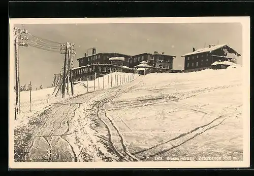 AK Berghütte Peterbaude im Riesengebirge im Winter