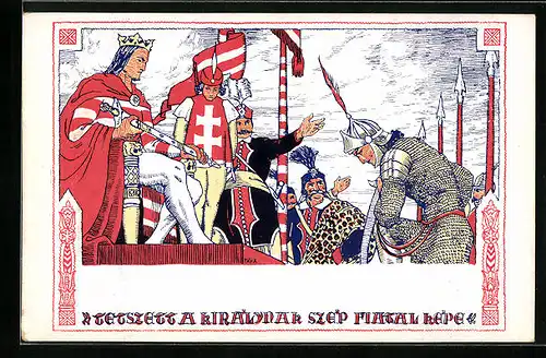 Künstler-AK sign. Fay Aladar: Ein Ritter kniet vor dem König