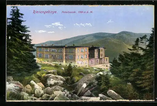 AK Peterbaude inmitten der Riesengebirgslandschaft