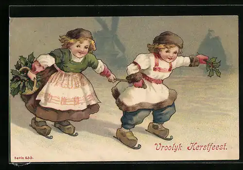 Präge-AK Schlittschuh, Weihnachtsgruss - Junge und Mädchen beim Schlittschuhlauf in Holland, Windmühle