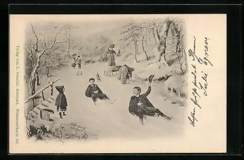 AK Kinder und Bäuerinnen mit Schlitten