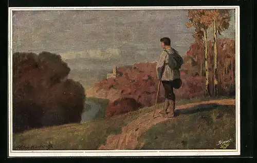 Künstler-AK Wanderer mit Rucksack geniesst die Aussicht