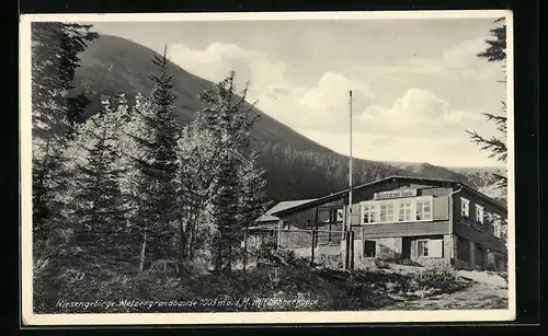 AK Melzergrundbaude, Berghütte mit Schneekoppe, Riesengebirge