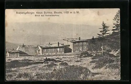 AK Neue Schlesische Baude, Berghütte mit Blick auf Schreiberhau, Riesengebirge