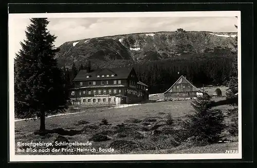 AK Schlingelbaude, Berghütte mit Blick nach der Prinz-Heinrich-Baude, Riesengebirge