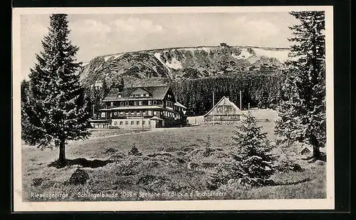 AK Schlingelbaude, Berghütte mit Blick n. d. Teichrändern, Riesengebirge