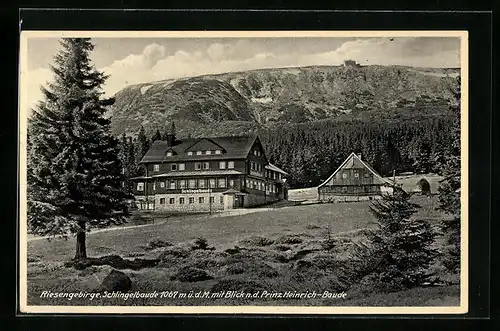 AK Schlingelbaude, Berghütte mit Blick n. d. Prinz Heinrich-Baude, Riesengebirge