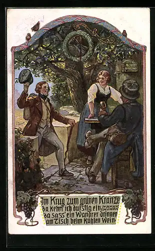 Künstler-AK Wanderer treffen sich im Krug zum grünen Kranze