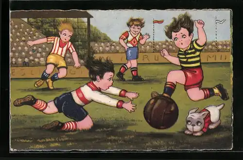 Künstler-AK Torschuss während eines Fussballspiels