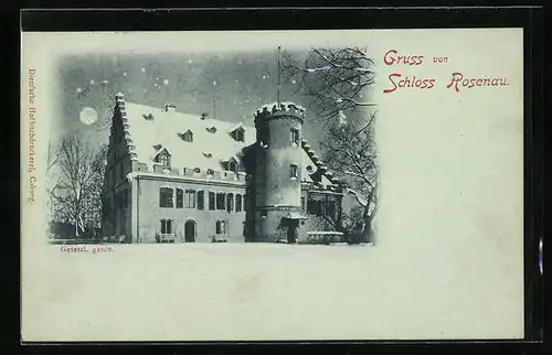 Mondschein-AK Rosenau, Schloss im Winterglanz