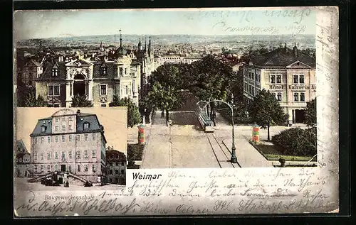 AK Weimar, Blick auf Baugewerkenschule und über Dächer der Stadt