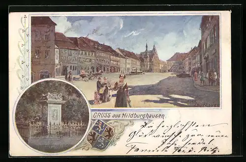 Künstler-AK Max Dutzauer: Hildburghausen, Marktplatz mit Fussgängern