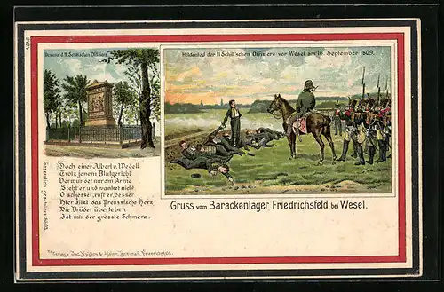 Lithographie Wesel, Barackenlager Friedrichsfeld und Denkmal d. II. Schill`schen Offiziere