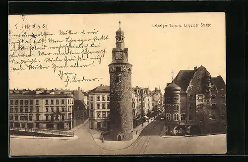 AK Halle /Saale, Leipziger Turm und Leipziger Strasse