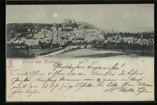 Mondschein-AK Marburg, Totalansicht mit Schloss