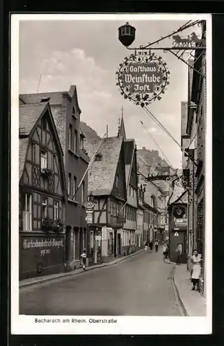 AK Bacharach am Rhein, Oberstrasse mit Gartenbaubetrieb Bungert und Café