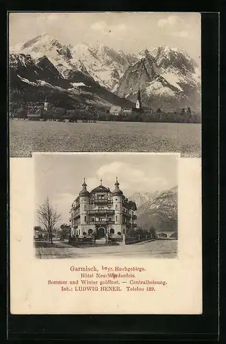 AK Garmisch /Bayr. Hochgebirge, Hôtel Neu-Erdenfels, Ortspartie mit Kirche