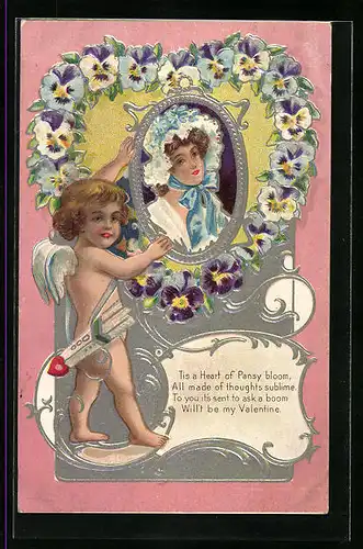 Präge-AK Amor mit Portrait einer Dame