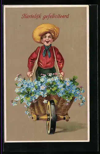 Präge-AK Knabe mit Schubkarre voller Blumen
