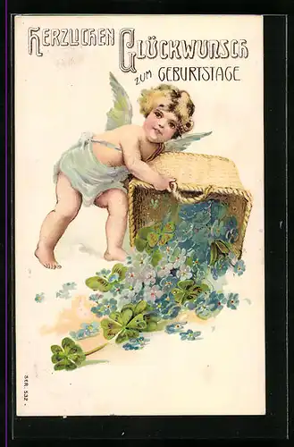 Präge-AK Engel mit Kiepe voller Vergissmeinnicht, Geburtstag
