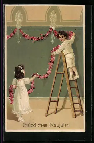 Präge-AK Kinder hängen Neujahrsgirlanden auf