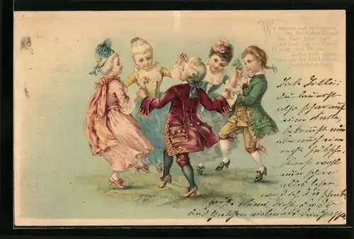 Lithographie Tanzende Kinder in barocker Kleidung