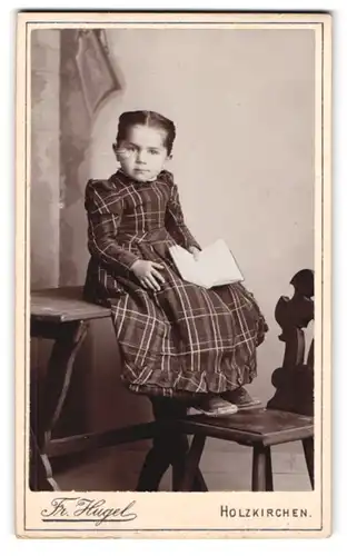 Fotografie Fr. Hugel, Holzkirchen, Kleines Mädchen im karierten Kleid mit Buch