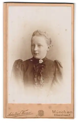 Fotografie Adalbert Werner, München, Elisenstr. 7, Junge Dame im Kleid mit Kragenbrosche