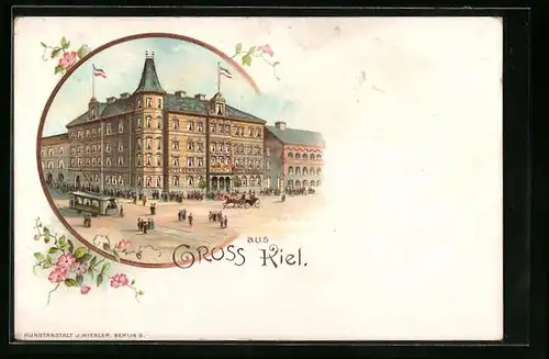 Lithographie Kiel, Hotel Germania, Strassenbahn