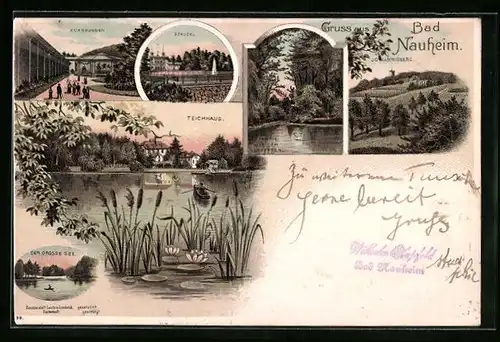 Lithographie Bad Nauheim, Sprudel, Teichhaus, Kurbrunnen, Johannisberg