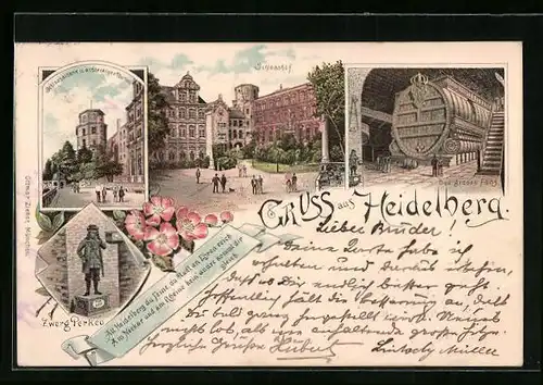 Lithographie Heidelberg, Schlosshof, Das grosse Fass, Zwerg Perkeo