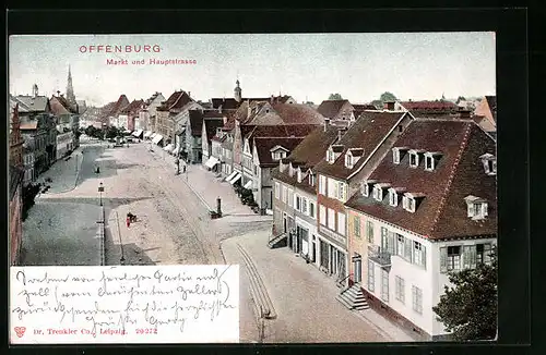 AK Offenburg, Markt und Hauptstrasse aus der Vogelschau