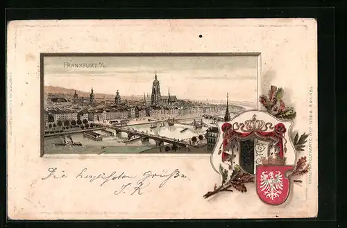 Passepartout-Lithographie Frankfurt a. M., Ortsansicht aus der Vogelschau, Wappen