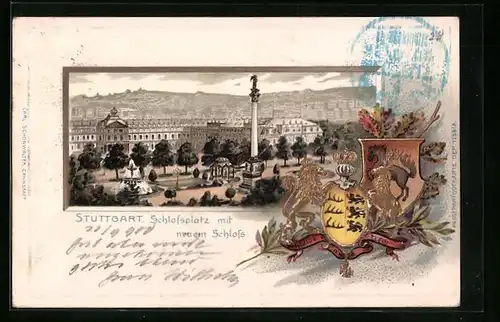 Passepartout-Lithographie Stuttgart, Schlosssplatz mit neuem Schloss, Wappen