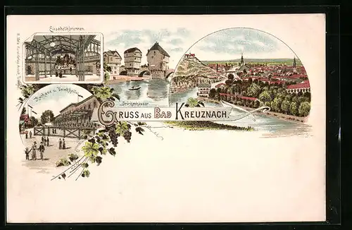 AK Kreuznach, Elisabethbrunnen, Brückenhäuser, Kurhaus und Trinkhalle