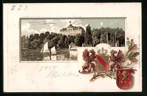 Passepartout-Lithographie Mainau, Flusspartie mit Schloss