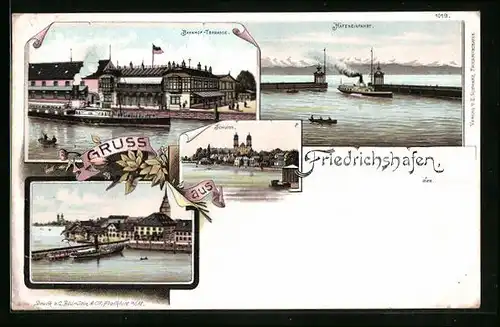 AK Friedrichshafen, Hafeneinfahrt, Schloss, Bahnhof
