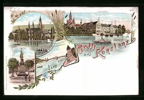 AK Konstanz, Siegesdenkmal, Rheinbrücke und Insel Hotel