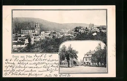 AK Prüm, Ortsansicht mit Kirche, Strassenpartie